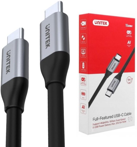 Przewód USB Unitek C14082ABK USB-C na USB-C 10Gbps 4K 60Hz 20V/5A Przewód USB Unitek C14082ABK USB-C na USB-C 10Gbps 4K 60Hz 20V/5A