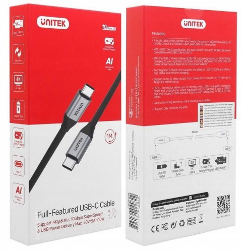 Przewód USB Unitek C14082ABK USB-C na USB-C 10Gbps 4K 60Hz 20V/5A Przewód USB Unitek C14082ABK USB-C na USB-C 10Gbps 4K 60Hz 20V/5A