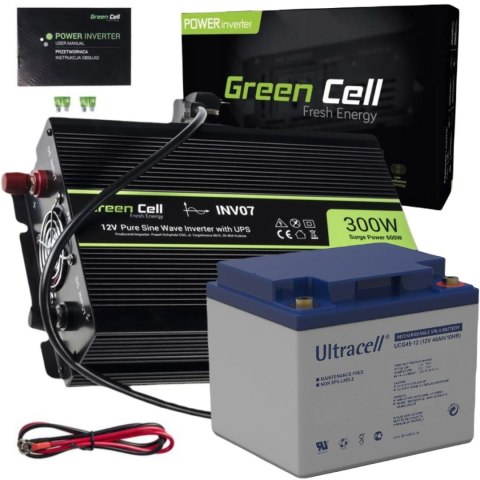 ZESTAW PRZETWORNICA Green Cell 12V / 230V 300W/600W CZYSTY SINUS + AKUMULATOR AGM 12V 45Ah ZESTAW PRZETWORNICA Green Cell 12V / 230V 300W/600W CZYSTY SINUS + AKUMULATOR AGM 12V 45Ah