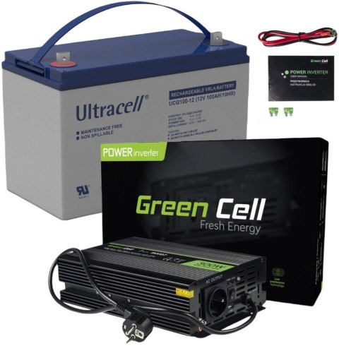 ZESTAW PRZETWORNICA Green Cell 12V/ 230V 300W/600W CZYSTY SINUS + AKUMULATOR AGM ULTRACELL 12V 100Ah ZESTAW PRZETWORNICA Green Cell 12V/ 230V 300W/600W CZYSTY SINUS + AKUMULATOR AGM ULTRACELL 12V 100Ah
